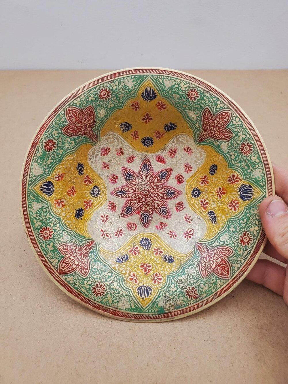 Vintage Enamelled Brass Cloisonné Style Botanical Plate Bowl Vintage Hand